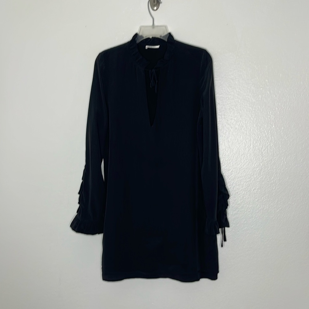 Anine Bing Black Silk Long Sleeve Ruffle Detail V Neck Shift Dress Size Small